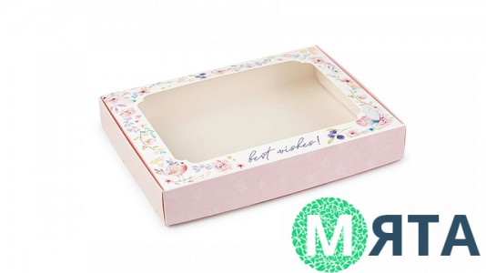 Коробка для пряників 15х20х3 см, рожева з пташкою