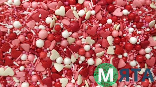 Сахарная посыпка Микс с глянцевыми шариками №1. Красно-бело-розовые сердечки