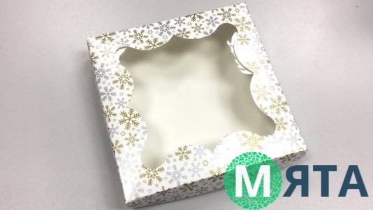 Коробка 15х15х3 Золотые Снежинки, Белая
