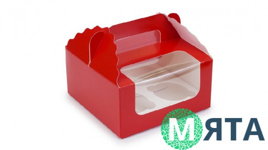 Коробка 4 капкейка с ручкой, Красная