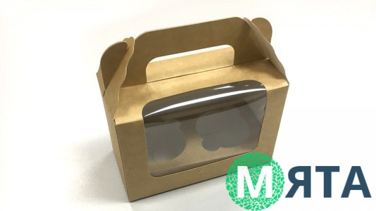 Коробка на 2 капкейка с ручкой, Крафт
