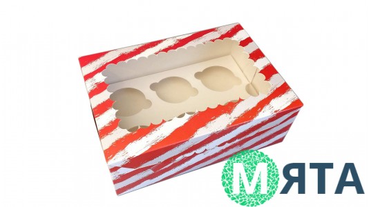 Коробка с окошком для 6 капкейков, Красная Полоска