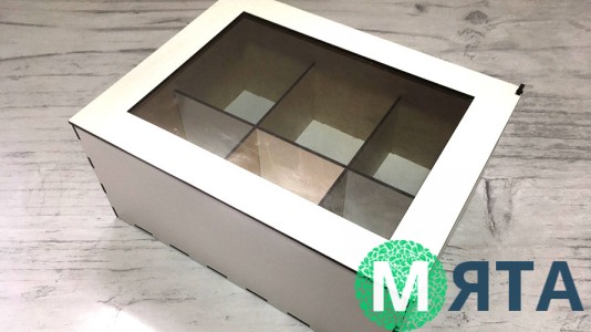 Деревянная коробка с окошком для 6 капкейков, Белая