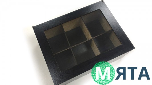 Деревянная коробка с окошком для 6 капкейков, Черная