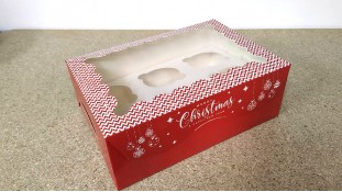 Коробка з віконцем для 6 капкейків, Новорічна Червона
