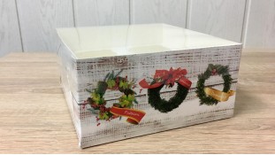 Коробка 16х16х8 (4 капкейка) Новогодняя с прозрачной крышкой